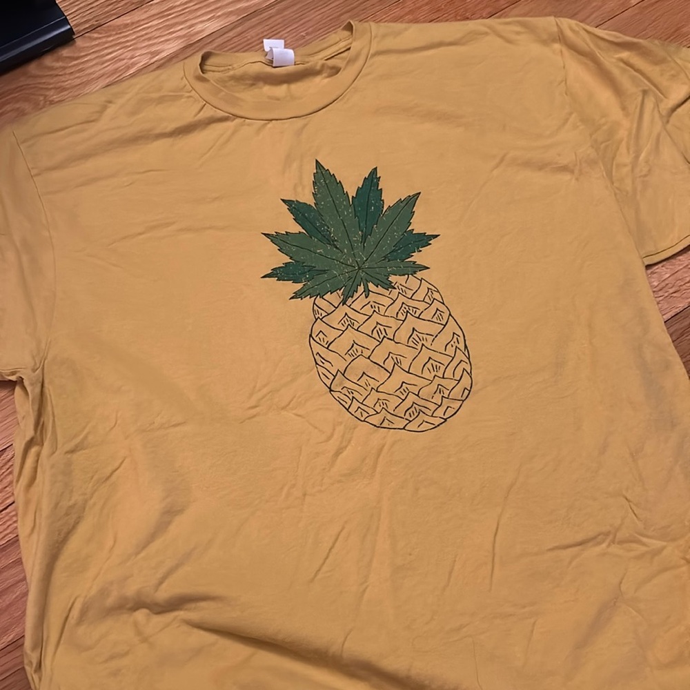 XL Unisex Pineapple + Canna Leaf Mustard Colored T Shirt